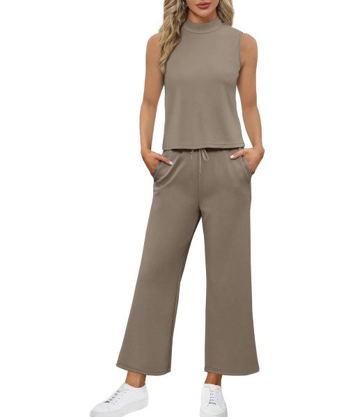 SAMPEEL Two Piece Sets for Women Summer Outfits Lounge Sets Mock Neck Tops Wide Leg Crop Pants Vacation Travel Outfits