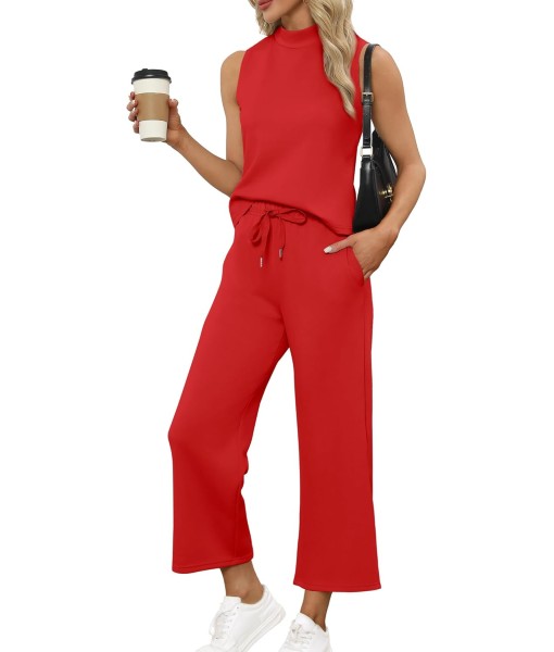 SAMPEEL Two Piece Sets for Women Summer Outfits Lounge Sets Mock Neck Tops Wide Leg Crop Pants Vacation Travel Outfits