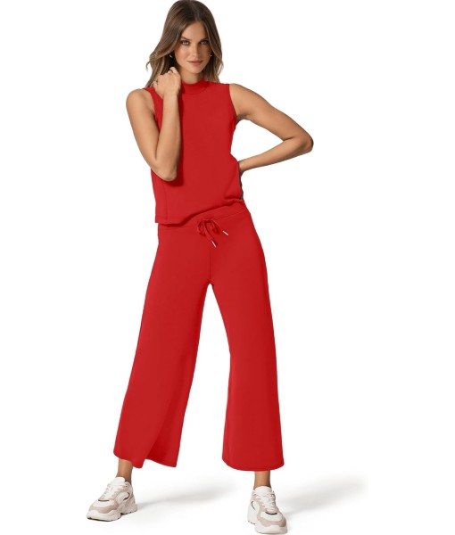 SAMPEEL Two Piece Sets for Women Summer Outfits Lounge Sets Mock Neck Tops Wide Leg Crop Pants Vacation Travel Outfits