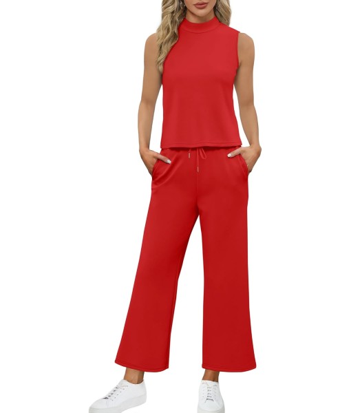 SAMPEEL Two Piece Sets for Women Summer Outfits Lounge Sets Mock Neck Tops Wide Leg Crop Pants Vacation Travel Outfits