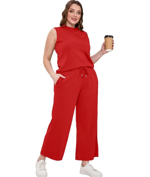 SAMPEEL Two Piece Sets for Women Summer Outfits Lounge Sets Mock Neck Tops Wide Leg Crop Pants Vacation Travel Outfits