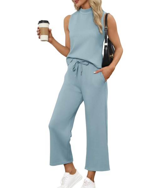 SAMPEEL Two Piece Sets for Women Summer Outfits Lounge Sets Mock Neck Tops Wide Leg Crop Pants Vacation Travel Outfits