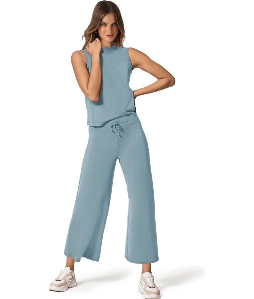 SAMPEEL Two Piece Sets for Women Summer Outfits Lounge Sets Mock Neck Tops Wide Leg Crop Pants Vacation Travel Outfits