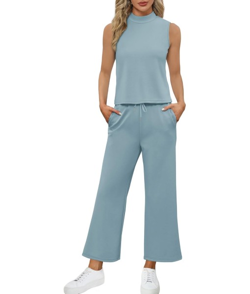 SAMPEEL Two Piece Sets for Women Summer Outfits Lounge Sets Mock Neck Tops Wide Leg Crop Pants Vacation Travel Outfits