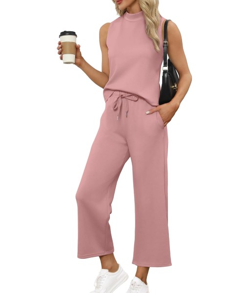 SAMPEEL Two Piece Sets for Women Summer Outfits Lounge Sets Mock Neck Tops Wide Leg Crop Pants Vacation Travel Outfits