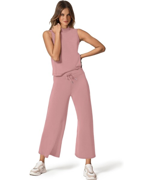 SAMPEEL Two Piece Sets for Women Summer Outfits Lounge Sets Mock Neck Tops Wide Leg Crop Pants Vacation Travel Outfits