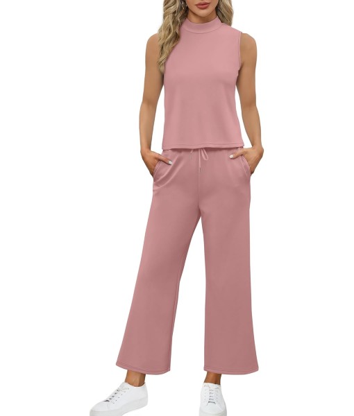 SAMPEEL Two Piece Sets for Women Summer Outfits Lounge Sets Mock Neck Tops Wide Leg Crop Pants Vacation Travel Outfits