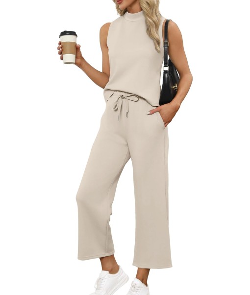 SAMPEEL Two Piece Sets for Women Summer Outfits Lounge Sets Mock Neck Tops Wide Leg Crop Pants Vacation Travel Outfits