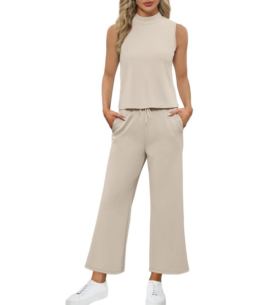 SAMPEEL Two Piece Sets for Women Summer Outfits Lounge Sets Mock Neck Tops Wide Leg Crop Pants Vacation Travel Outfits