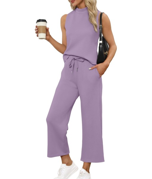 SAMPEEL Two Piece Sets for Women Summer Outfits Lounge Sets Mock Neck Tops Wide Leg Crop Pants Vacation Travel Outfits