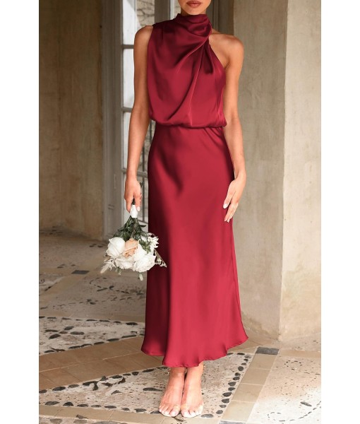 PRETTYGARDEN Women's 2025 Summer Satin Dress Elegant Sleeveless Mock Neck Cocktail Party Maxi Dresses