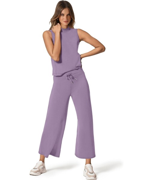 SAMPEEL Two Piece Sets for Women Summer Outfits Lounge Sets Mock Neck Tops Wide Leg Crop Pants Vacation Travel Outfits
