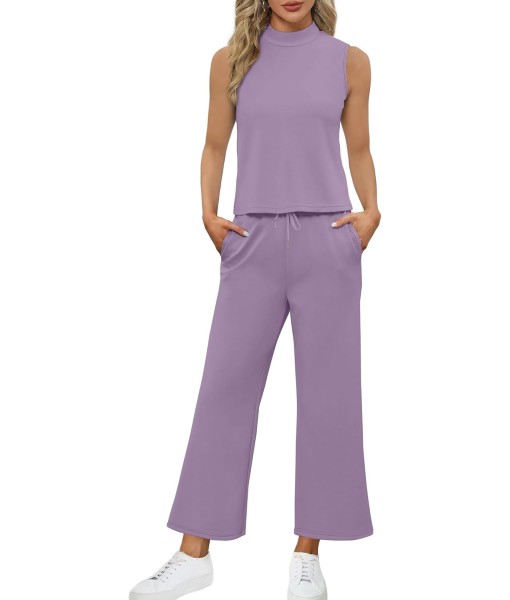 SAMPEEL Two Piece Sets for Women Summer Outfits Lounge Sets Mock Neck Tops Wide Leg Crop Pants Vacation Travel Outfits