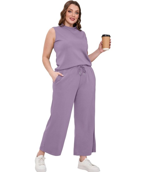 SAMPEEL Two Piece Sets for Women Summer Outfits Lounge Sets Mock Neck Tops Wide Leg Crop Pants Vacation Travel Outfits