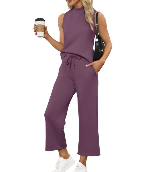 SAMPEEL Two Piece Sets for Women Summer Outfits Lounge Sets Mock Neck Tops Wide Leg Crop Pants Vacation Travel Outfits