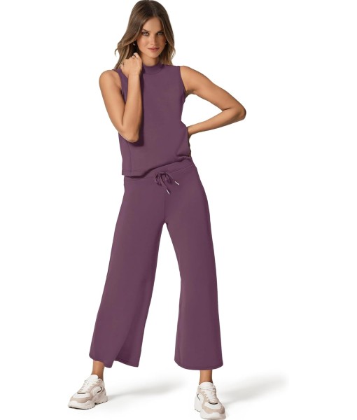 SAMPEEL Two Piece Sets for Women Summer Outfits Lounge Sets Mock Neck Tops Wide Leg Crop Pants Vacation Travel Outfits