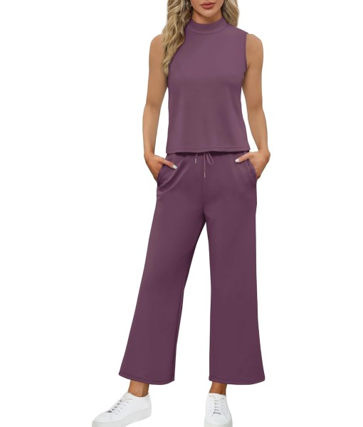 SAMPEEL Two Piece Sets for Women Summer Outfits Lounge Sets Mock Neck Tops Wide Leg Crop Pants Vacation Travel Outfits