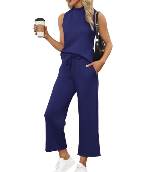 SAMPEEL Two Piece Sets for Women Summer Outfits Lounge Sets Mock Neck Tops Wide Leg Crop Pants Vacation Travel Outfits