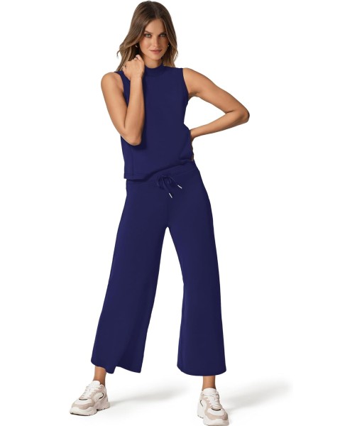 SAMPEEL Two Piece Sets for Women Summer Outfits Lounge Sets Mock Neck Tops Wide Leg Crop Pants Vacation Travel Outfits