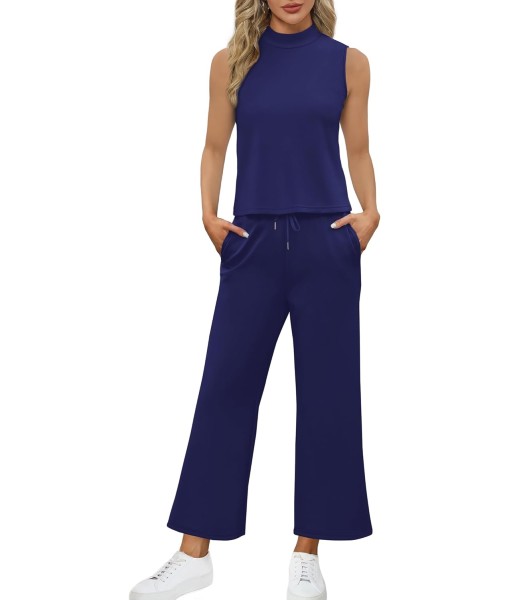 SAMPEEL Two Piece Sets for Women Summer Outfits Lounge Sets Mock Neck Tops Wide Leg Crop Pants Vacation Travel Outfits