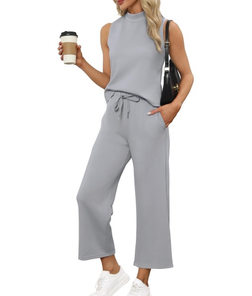 SAMPEEL Two Piece Sets for Women Summer Outfits Lounge Sets Mock Neck Tops Wide Leg Crop Pants Vacation Travel Outfits