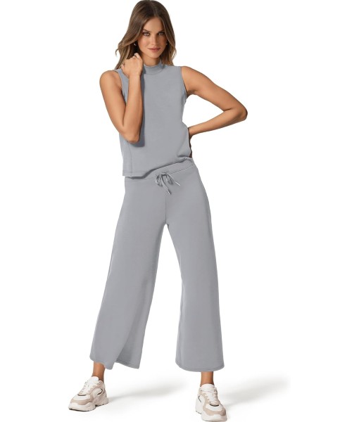 SAMPEEL Two Piece Sets for Women Summer Outfits Lounge Sets Mock Neck Tops Wide Leg Crop Pants Vacation Travel Outfits