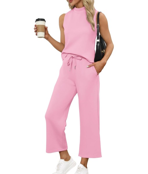 SAMPEEL Two Piece Sets for Women Summer Outfits Lounge Sets Mock Neck Tops Wide Leg Crop Pants Vacation Travel Outfits