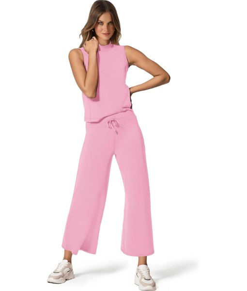 SAMPEEL Two Piece Sets for Women Summer Outfits Lounge Sets Mock Neck Tops Wide Leg Crop Pants Vacation Travel Outfits