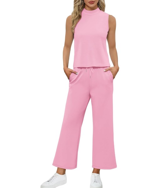 SAMPEEL Two Piece Sets for Women Summer Outfits Lounge Sets Mock Neck Tops Wide Leg Crop Pants Vacation Travel Outfits
