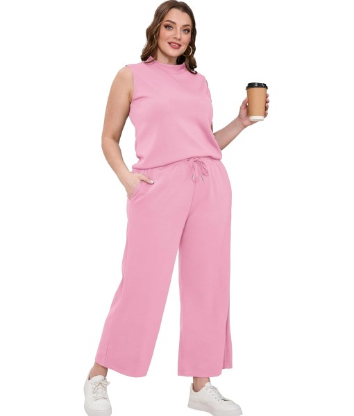 SAMPEEL Two Piece Sets for Women Summer Outfits Lounge Sets Mock Neck Tops Wide Leg Crop Pants Vacation Travel Outfits