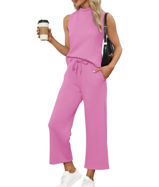 SAMPEEL Two Piece Sets for Women Summer Outfits Lounge Sets Mock Neck Tops Wide Leg Crop Pants Vacation Travel Outfits