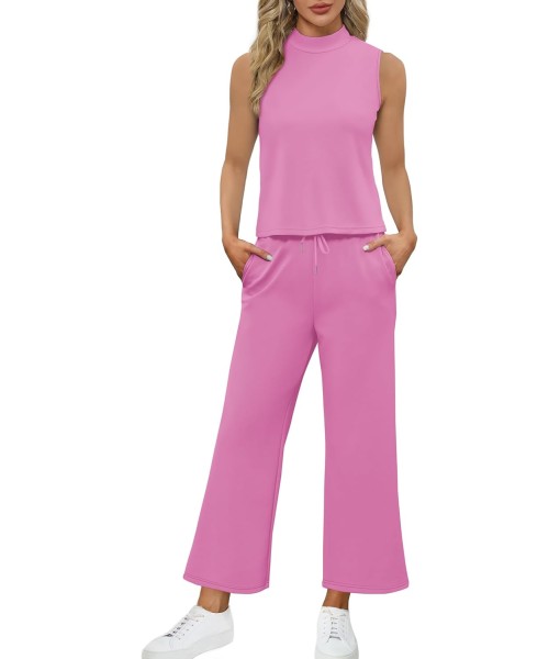 SAMPEEL Two Piece Sets for Women Summer Outfits Lounge Sets Mock Neck Tops Wide Leg Crop Pants Vacation Travel Outfits