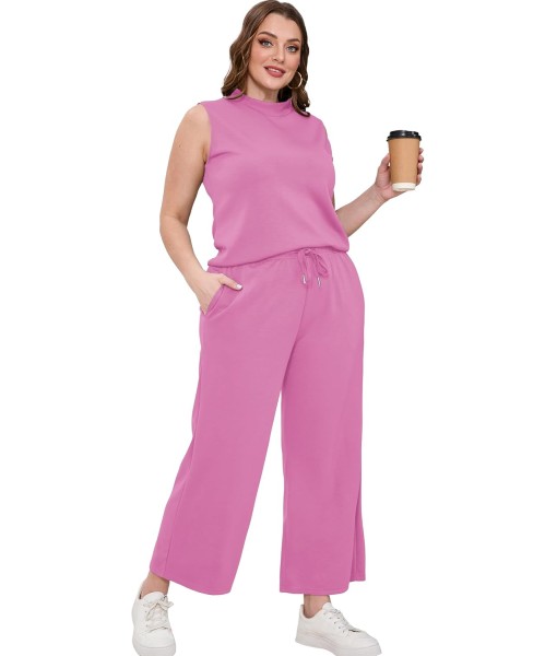 SAMPEEL Two Piece Sets for Women Summer Outfits Lounge Sets Mock Neck Tops Wide Leg Crop Pants Vacation Travel Outfits