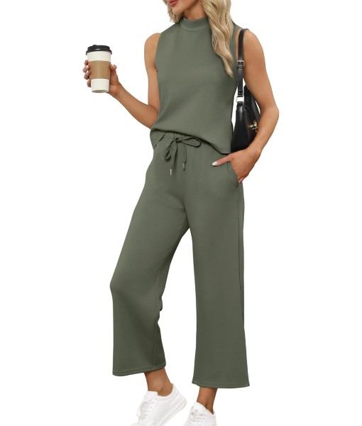 SAMPEEL Two Piece Sets for Women Summer Outfits Lounge Sets Mock Neck Tops Wide Leg Crop Pants Vacation Travel Outfits