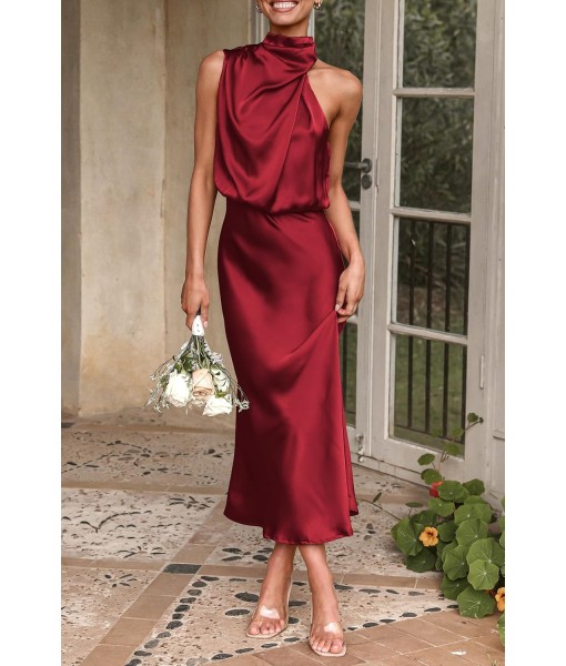 PRETTYGARDEN Women's 2025 Summer Satin Dress Elegant Sleeveless Mock Neck Cocktail Party Maxi Dresses