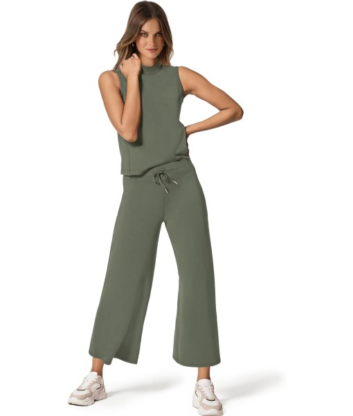 SAMPEEL Two Piece Sets for Women Summer Outfits Lounge Sets Mock Neck Tops Wide Leg Crop Pants Vacation Travel Outfits