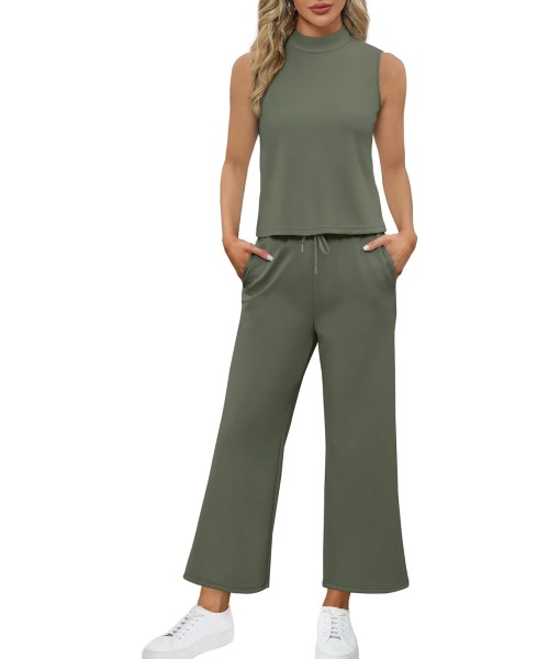 SAMPEEL Two Piece Sets for Women Summer Outfits Lounge Sets Mock Neck Tops Wide Leg Crop Pants Vacation Travel Outfits