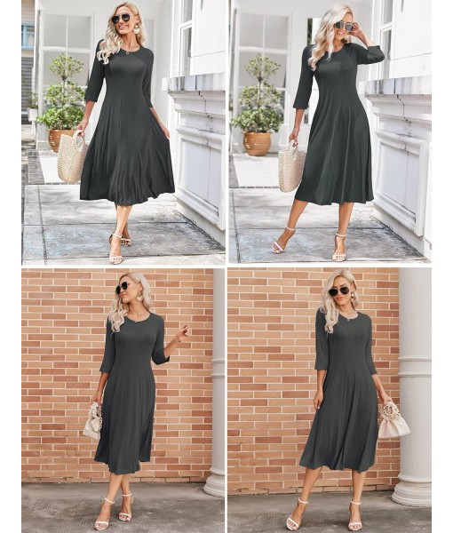 HOTOUCH Women's 3/4 Sleeve A-line and Flare Midi Long Dress