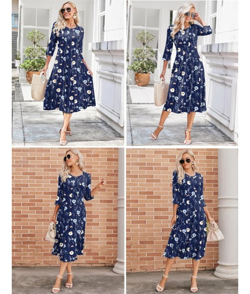 HOTOUCH Women's 3/4 Sleeve A-line and Flare Midi Long Dress