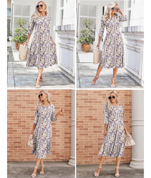 HOTOUCH Women's 3/4 Sleeve A-line and Flare Midi Long Dress