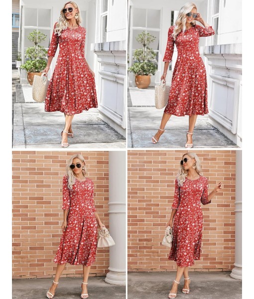 HOTOUCH Women's 3/4 Sleeve A-line and Flare Midi Long Dress