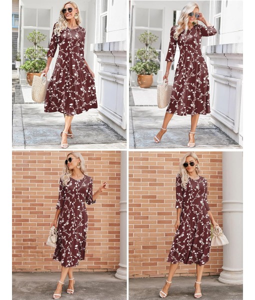 HOTOUCH Women's 3/4 Sleeve A-line and Flare Midi Long Dress