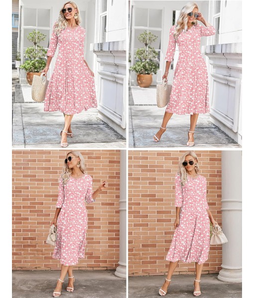 HOTOUCH Women's 3/4 Sleeve A-line and Flare Midi Long Dress