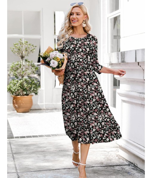 HOTOUCH Women's 3/4 Sleeve A-line and Flare Midi Long Dress