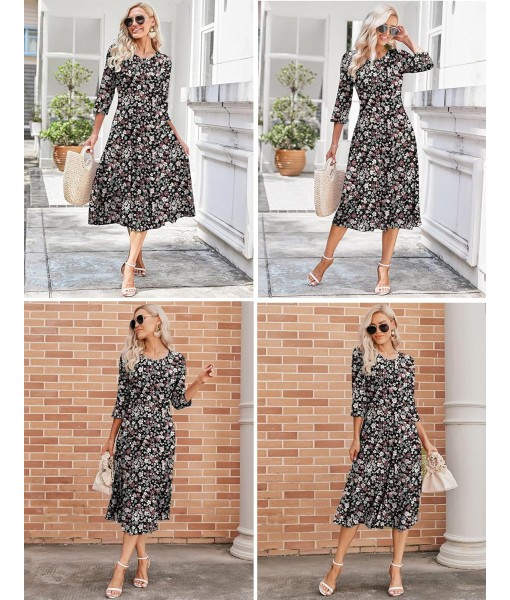 HOTOUCH Women's 3/4 Sleeve A-line and Flare Midi Long Dress
