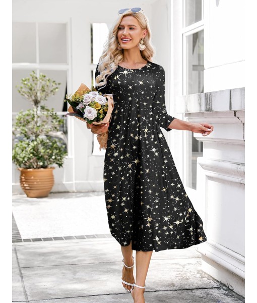 HOTOUCH Women's 3/4 Sleeve A-line and Flare Midi Long Dress