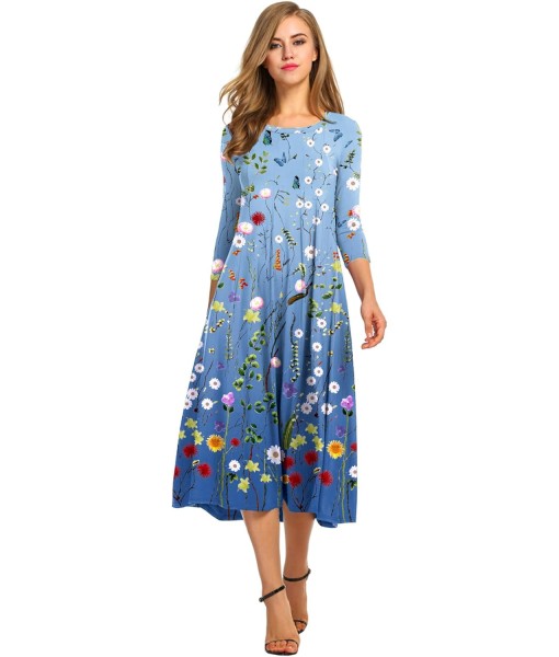 HOTOUCH Women's 3/4 Sleeve A-line and Flare Midi Long Dress