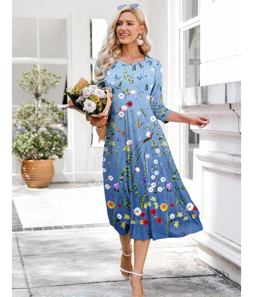 HOTOUCH Women's 3/4 Sleeve A-line and Flare Midi Long Dress