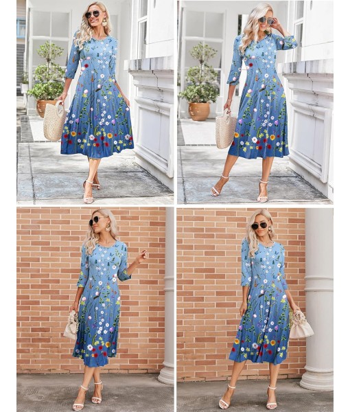 HOTOUCH Women's 3/4 Sleeve A-line and Flare Midi Long Dress