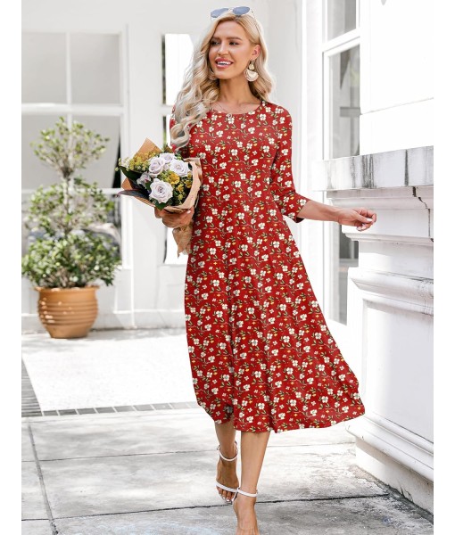 HOTOUCH Women's 3/4 Sleeve A-line and Flare Midi Long Dress